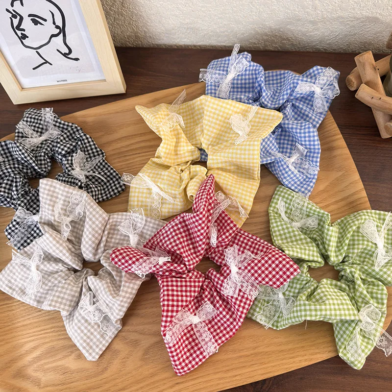 Plaid Lace Bow Bandana Headband Womens Triangle Headscarf Hair Bands Spring Summer Girls Fashion Sweet Tie Scrunchie Rubber Band