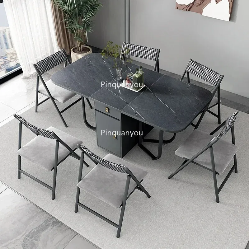 Folding Dining Table with Storage Rack and 2 Drawers Extendable Versatile Kitchen Table and Metal Movable Folding Dining Chairs