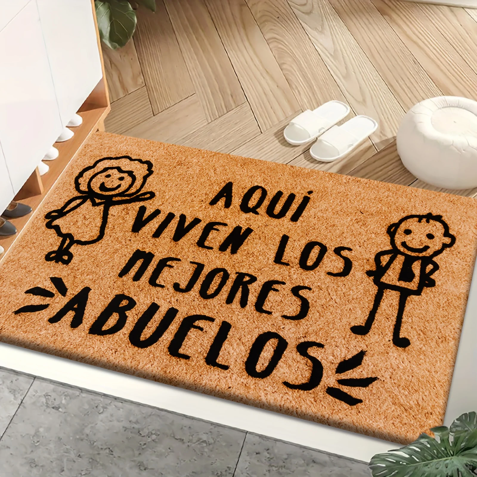Modern Neutral Tone Indoor Floor Mat  Boho Abstract Plant Print Shoes Off Please Minimalist Home Entry Decor Rug