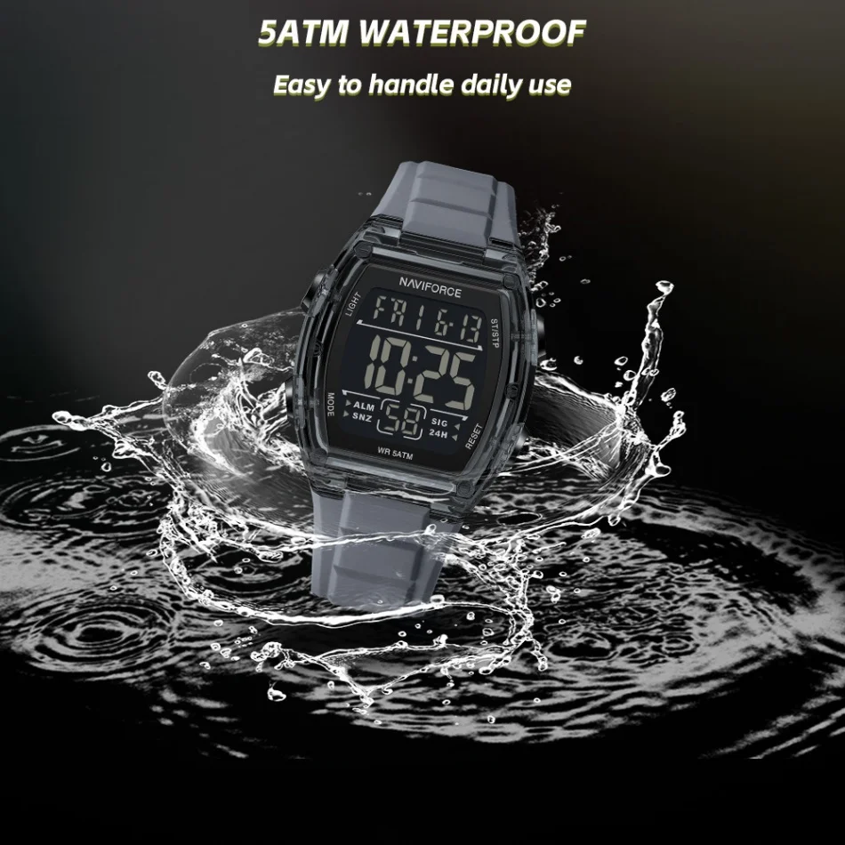 New NAVIFORCE Men‘s LED Night Light Display Silicone Wristwatch Alarm Mode 5ATM Waterproof  Boy Stopwatch Timer Digital Display