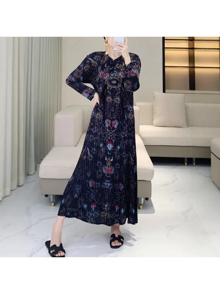 

Miyake Pleated Spring New Fireworks Printed Long Sleeved Jacket+sleeveless Vest Dress Two-piece Set Elegant Women's Dress Set