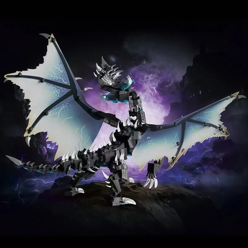 Mythical Black Dragon Building Block Set, Featuring a Giant Winged, Articulated Fantasy Creature Model, Creative Assembly, an ID