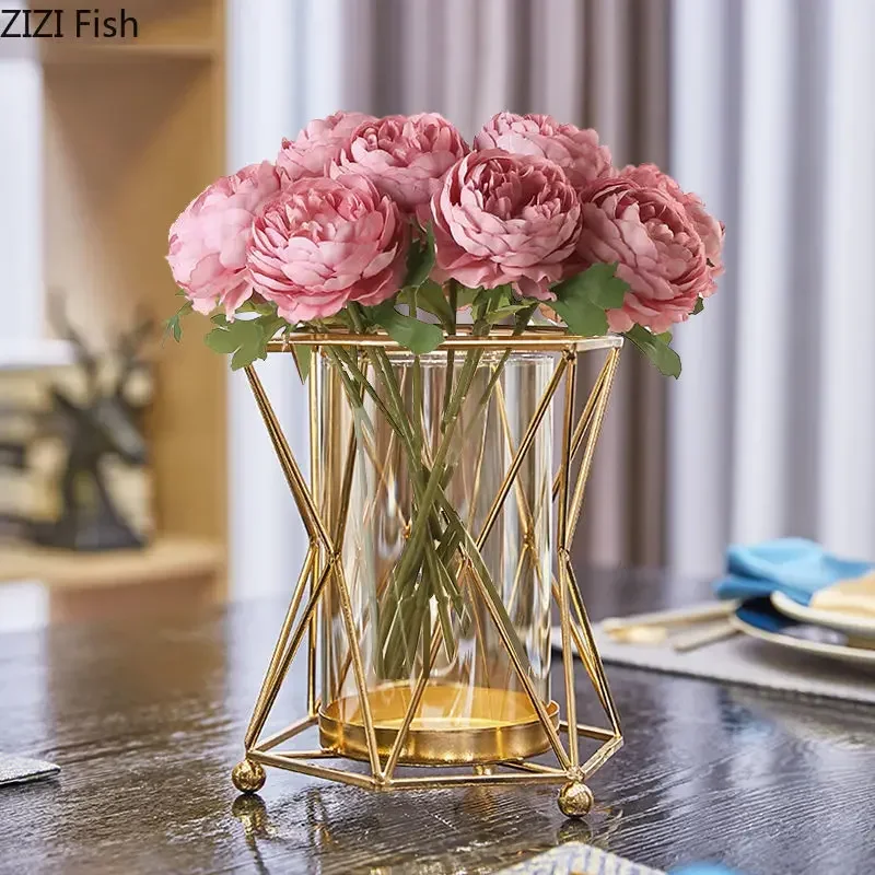 Golden Vase Metal Flowers Pot Floral Flower Arrangement Plated Alloy Glass Vases Desk Decoration Modern Luxurious Home Decor