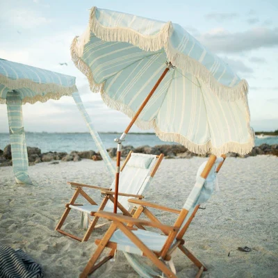 

Outdoor Algida Custom Ricard Beach Umbrella With Fringe Green White Canopy Outdoor Modern Fiberglass Patio Umbrella Wood Pole