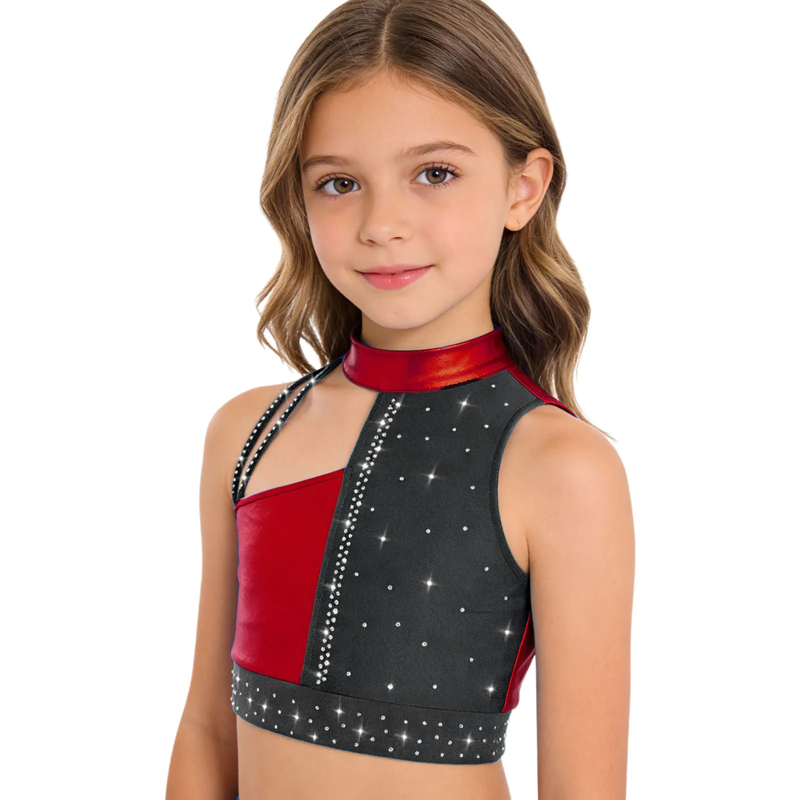 أطفال بنات رياضي الشكل التزلج الجمباز الرقص أزياء مسرحية بلا أكمام انقطاع لامعة الراين لامع المحاصيل الأعلى #2