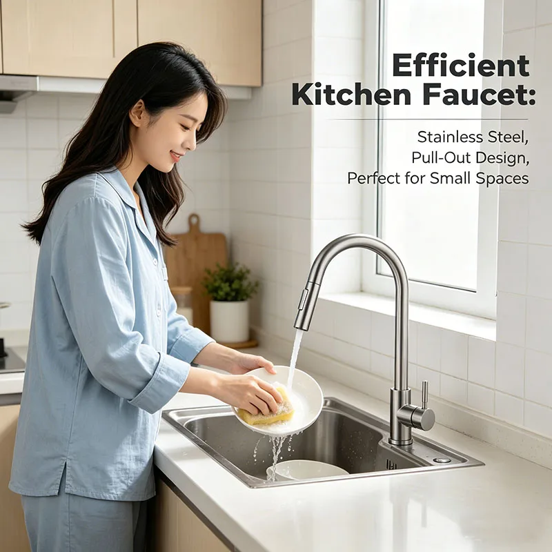 Kitchen Pull Out Faucet 304 Stainless Steel Brushed/Black 360 Rotating Single Handle Hot Cold Water Mixer Tap for Home Sink