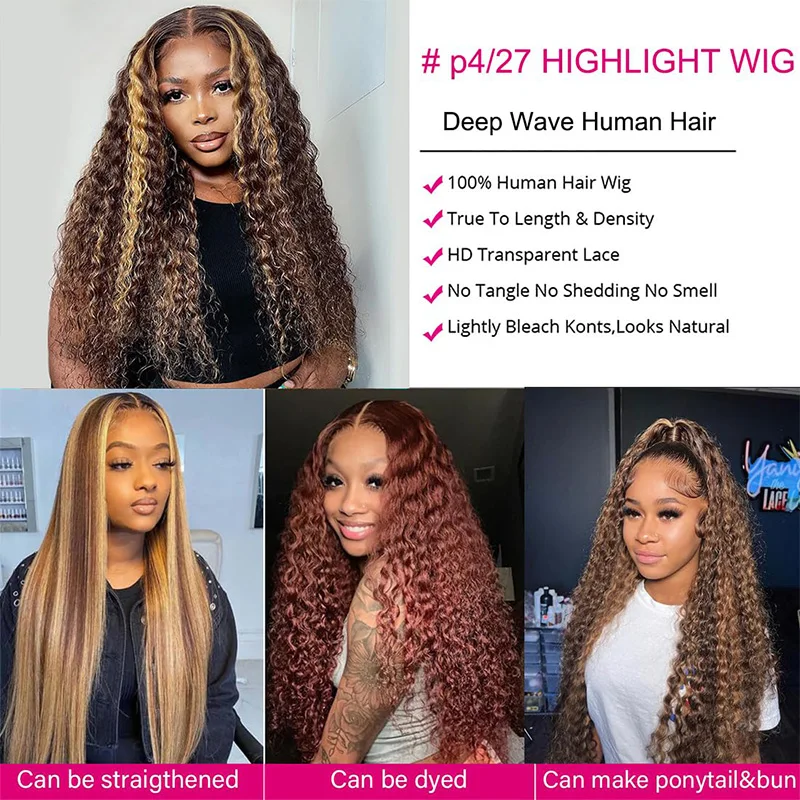 Медовый блондин Ombre 13x5 HD Прозрачный парик фронта шнурка |   Человеческие волосы, текстура глубокой волны, плотность 250%, 26 дюймов, предварительно выщипанные с B