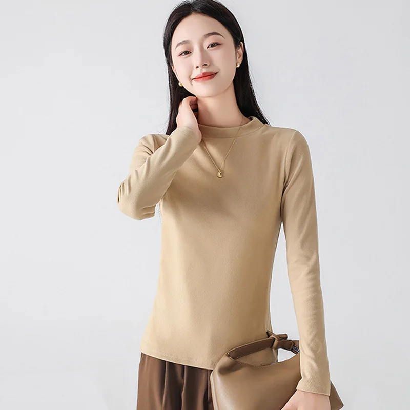 Autumn Winter Fleece Lined Pullovers for Women Crew Neck Long Sleeve Bottoming Shirt Woman Basic Solid Color Pullover Female