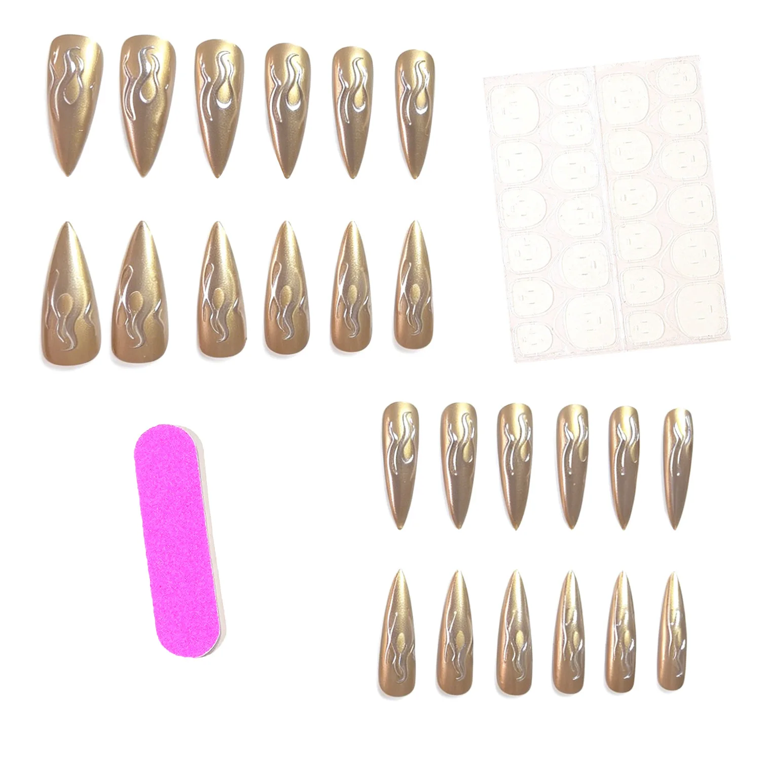 24PCS 3D Chrome Silver Gold Flame Stiletto Press On Nails Metallic Mirror Effect Reusable Fake Nail Art Punk Style False Nails - view 4