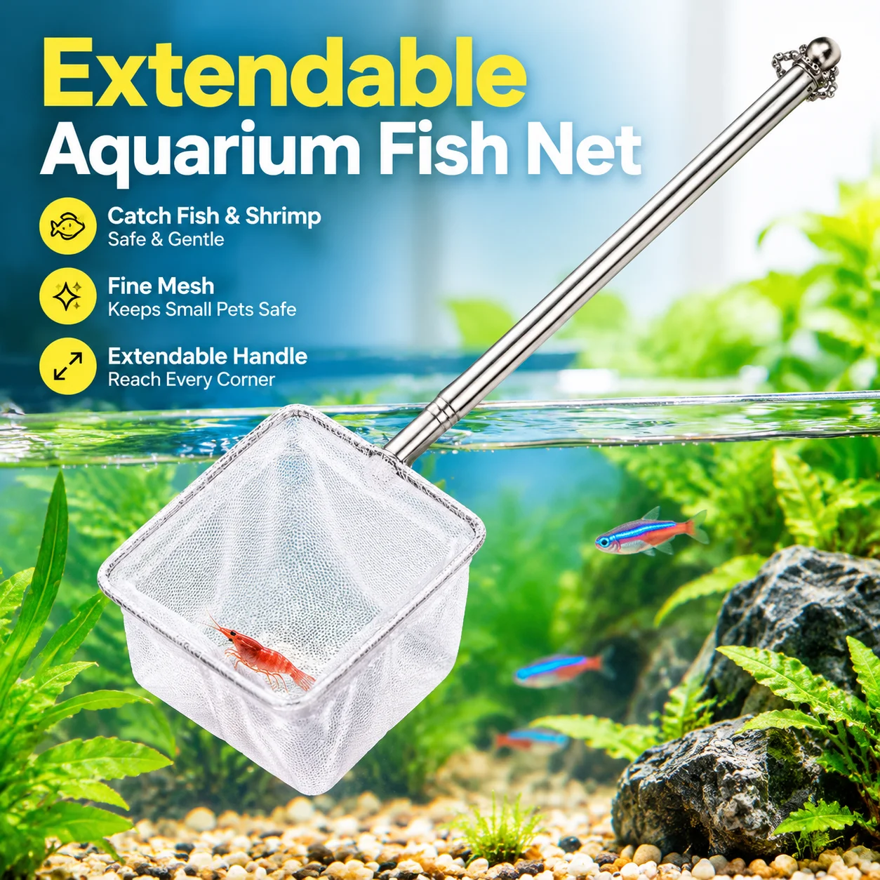 Extendable Stainless Steel Aquarium Fish Net with Suction Cup Long Handle Fine Mesh Square Shrimp Catcher Tank Cleaning Tool