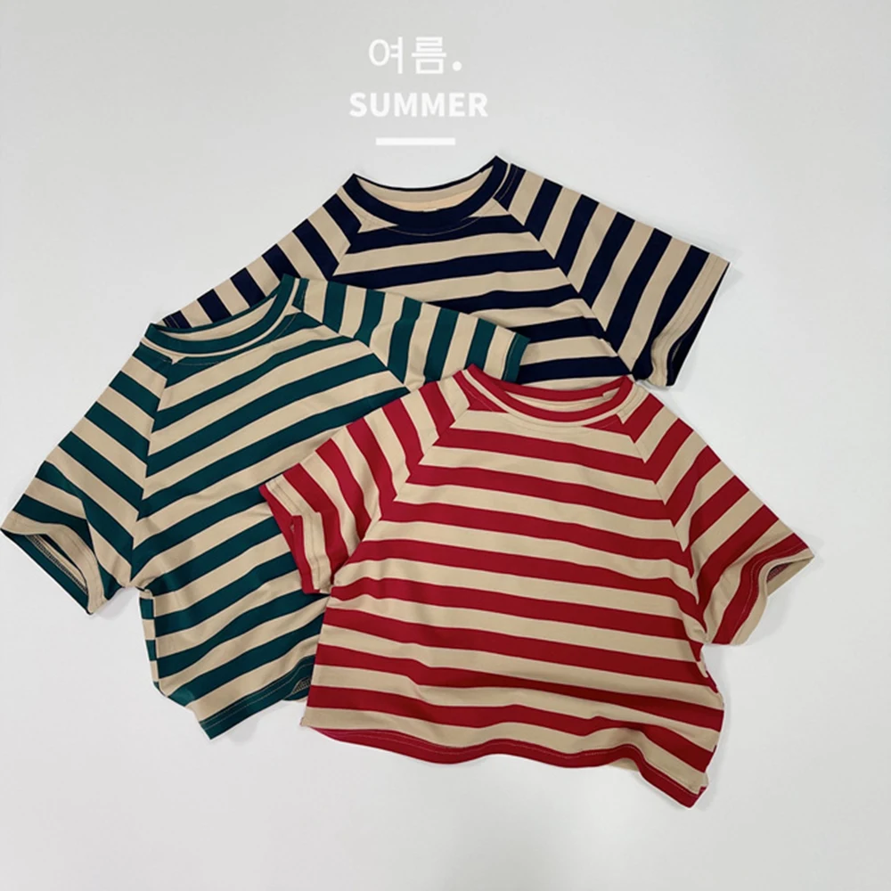 

Summer New 2024 Korean Childrens Stripe Short sleeved T-shirt for Boy and Girls Western Style Casual Versatile Short sleeved Top