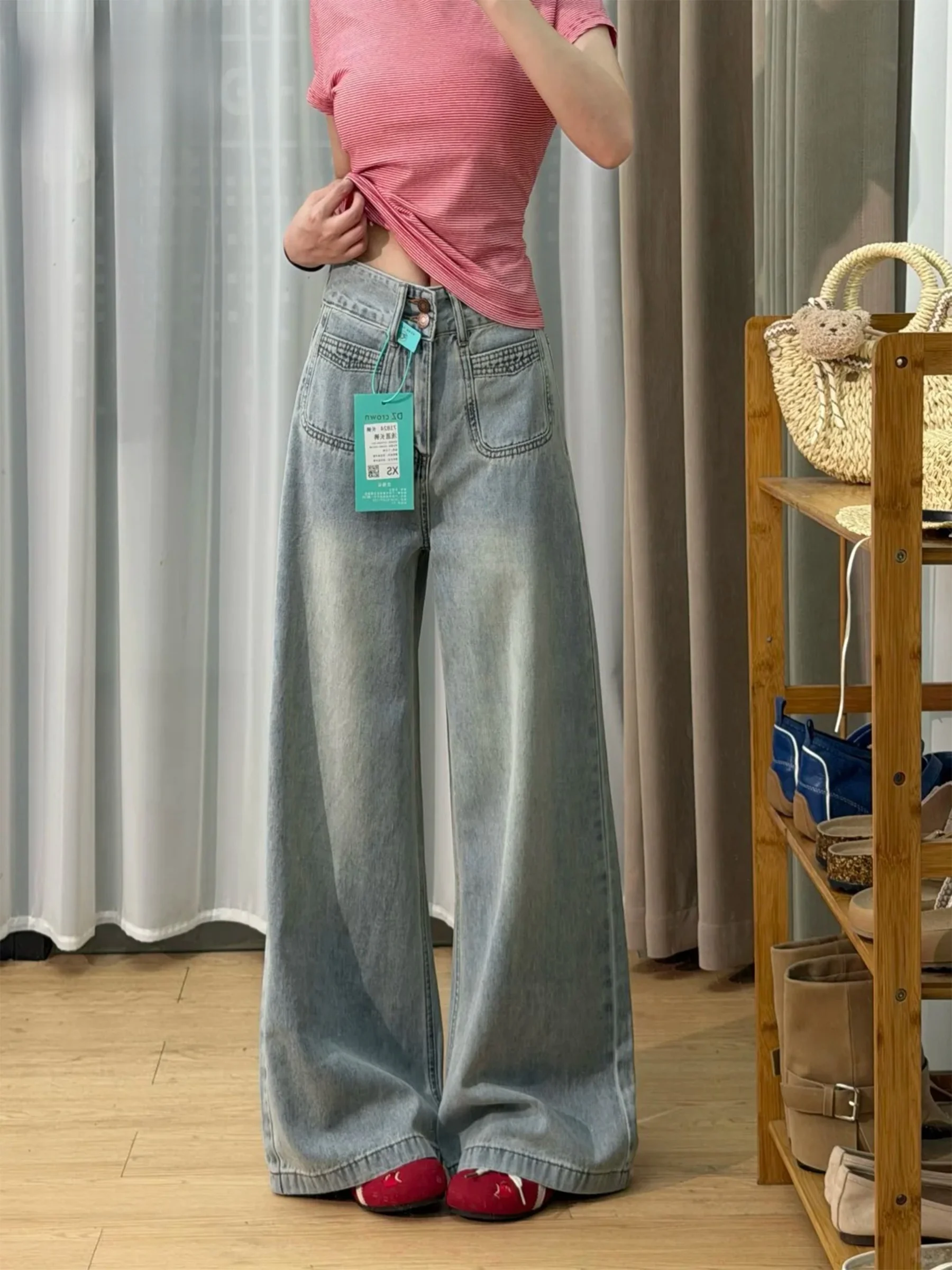 

Синие джинсы с высокой талией и широкими штанинами в американском стиле, женские летние свободные джинсы с эффектом похудения, повседневные джинсовые брюки с расклешенным низом