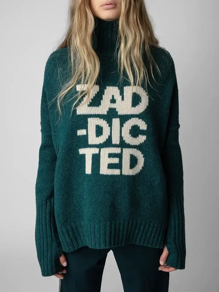 100% de lana para mujer, jersey con puños y abertura, suéter con estampado de letras, manga larga, moda, Tops