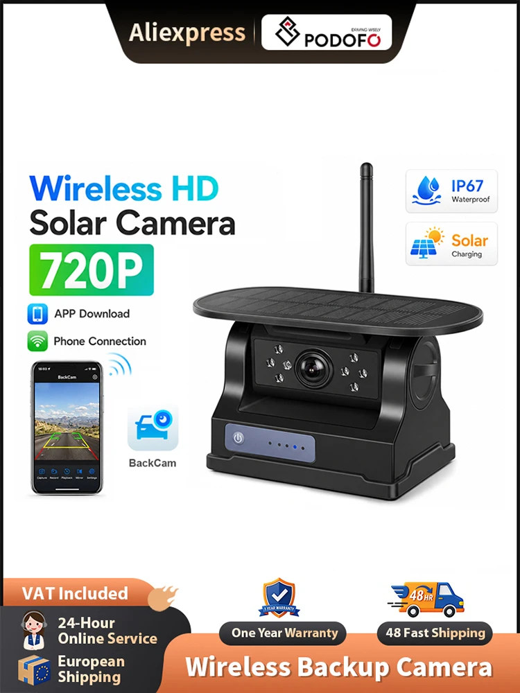 Podofo WiFi Kabellose Solar-Batterie 720P Infrarot-Nachtsicht Magnetkamera IP67 Wasserdicht Weitwinkel-Rückfahrkamera für Wohnmobil/LKW/Anhänger