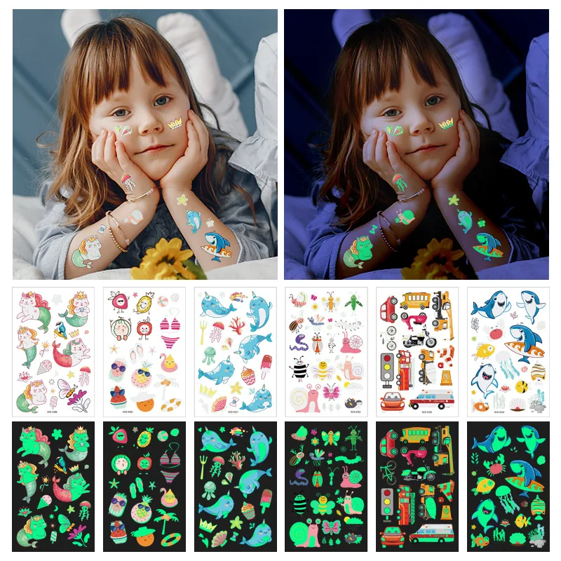 10 Vellen Lichtgevende Tattoo Anime Stickers Speelgoed Kinderen Body Art Tijdelijke Fake Tattoos Waterdichte Cartoon Eenhoorn Dier Zeemeermin