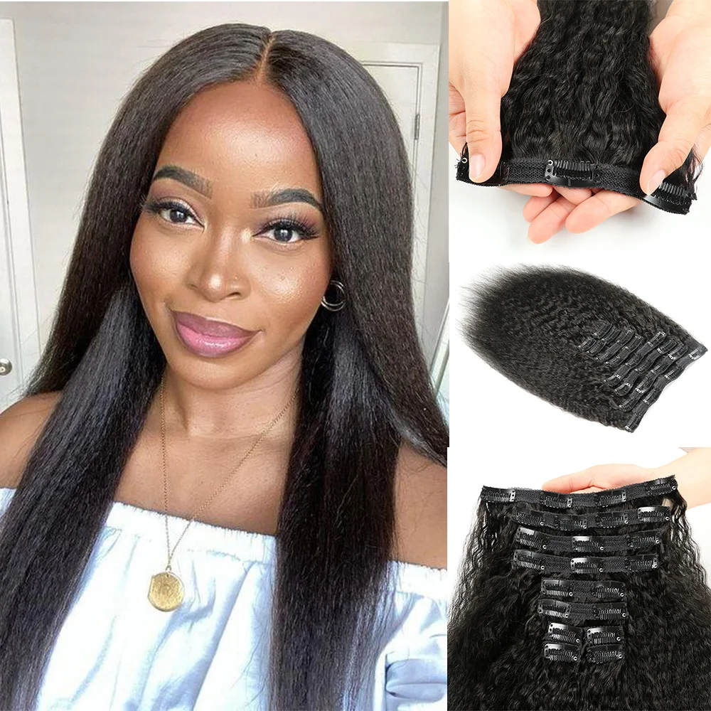 цена Kinky Straight Clip In Hair Extensions Real Human Hair Natural Black 120g Full Head Clip ins Seamless Kinky Straight Clip on 1B