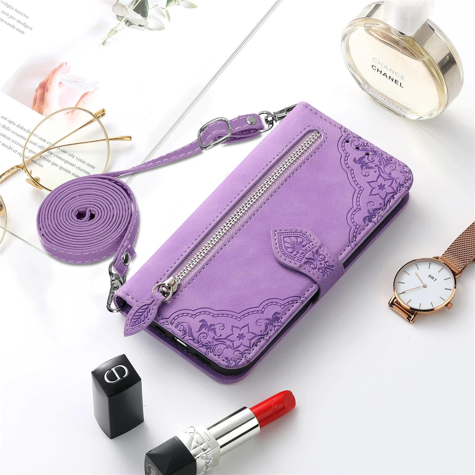 Leather Lanyard Zipper Wallet Cards Solt Case For Samsung Galaxy A55 A15 A14 A24 A34 A54 S23 S24 Ultra S22 S21 Crossbody Cover