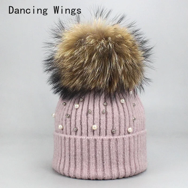 Women Hat Winter Beaded Wool Knitted Beanies Fashion Warm Casual Hats With Natural Raccoon Fur Pompom Cap Female