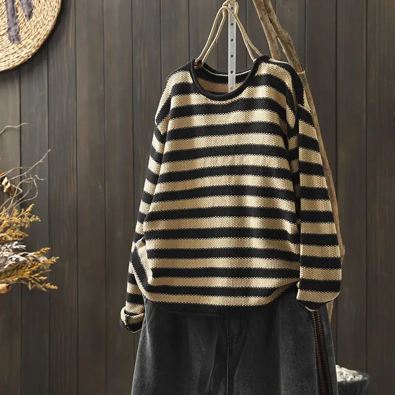 NONE Koreanischen Stil Kontrast Farbe Streifen Ulzzang Lose 2024 Herbst Neue Vielseitige Gestrickte frauen Casual Pullover Top 4