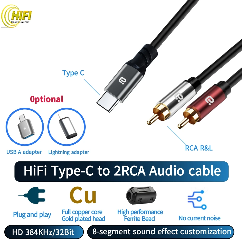 HiFi Type C to 2 RCA Audio Cable Max 384K 32Bit For iPhone15 Samsung Huawei Xiaomi Audio Converter Adapter To Speaker/Amplifier