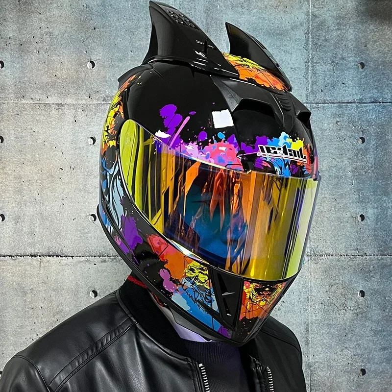 

Полнолицевой шлем, мотоциклетный шлем, безопасный двойной объектив, гоночный шлем, индивидуальные косы, рога