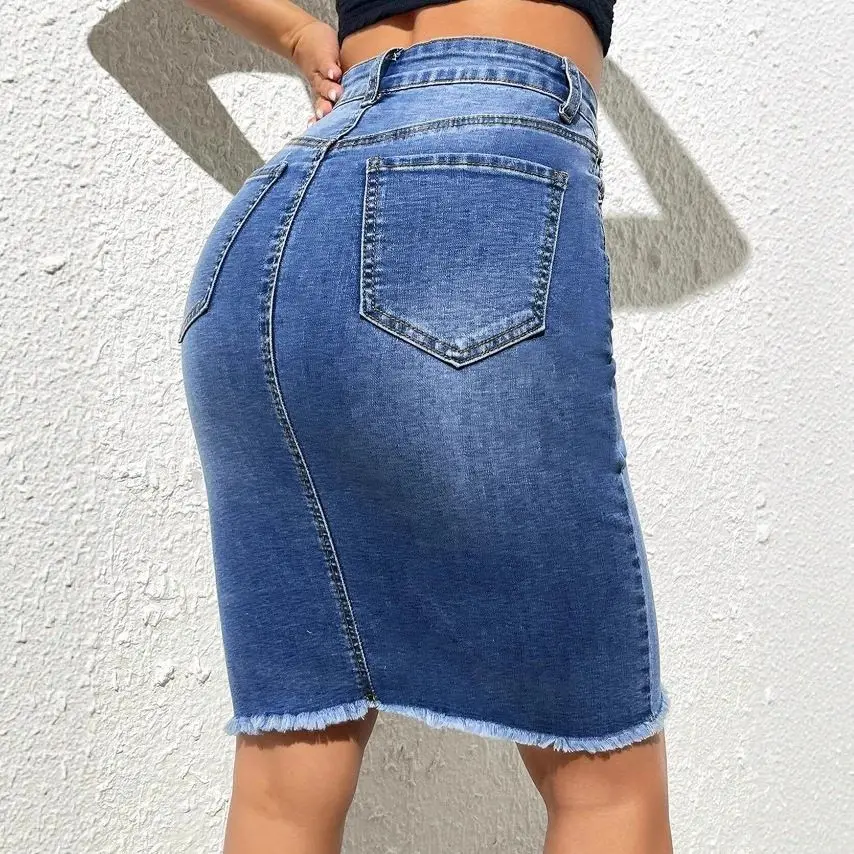 Elastic Waist Denim Skirt High Waist Bicolor Spring Summer Autumn Fashion Women's  Skirts Casual Wear Independent Station...