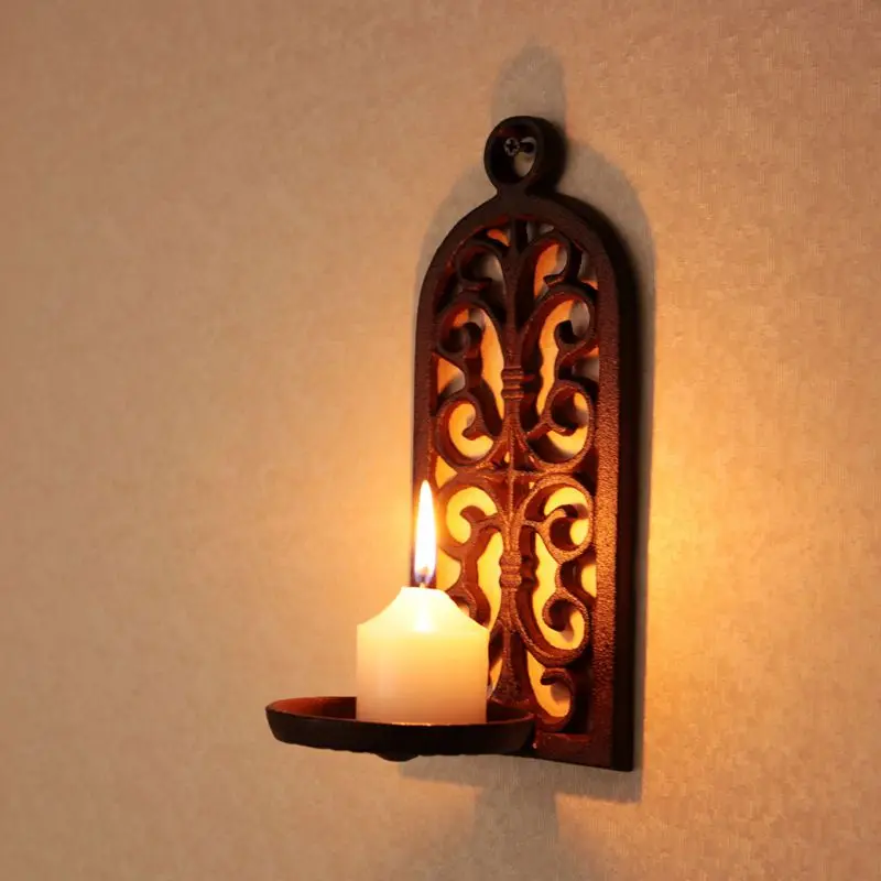 Vintage European Style Cast Iron Hollow Candle Holder, Nostalgic Courtyard Romantic Creative Home Wall-Mounted Candle Stand