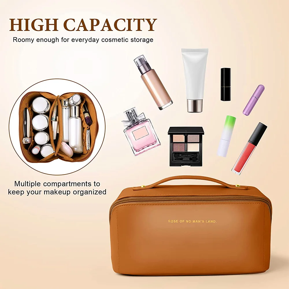 Bolsa cosmética de grande capacidade para mulheres, bolsa portátil de maquiagem PU, lavatório impermeável para banheiro, kit multifuncional de higiene pessoal