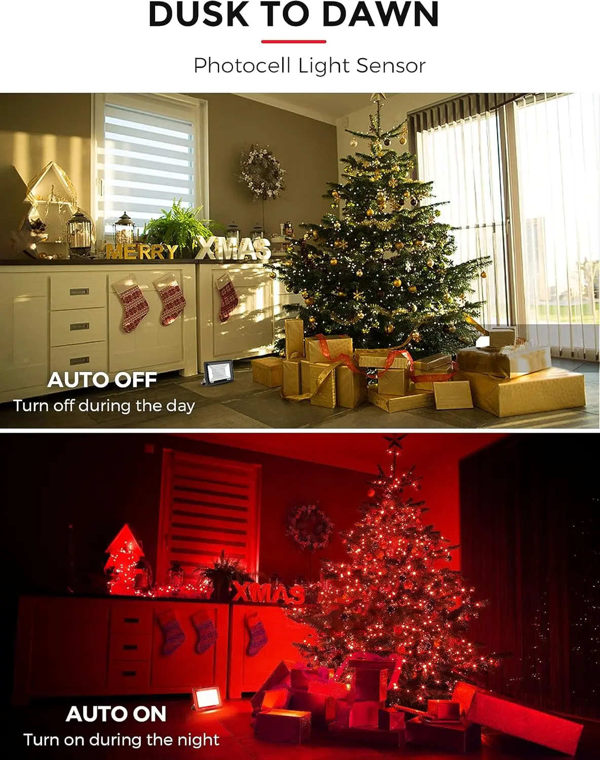 Rotes LED-Weihnachtsflutlicht, Dämmerungs- bis Morgendämmerungssensor, IP66 wasserdicht, 50 W, 2300 lm, für Hofparty-Dekorationen, UL-gelistet, 2er-Pack