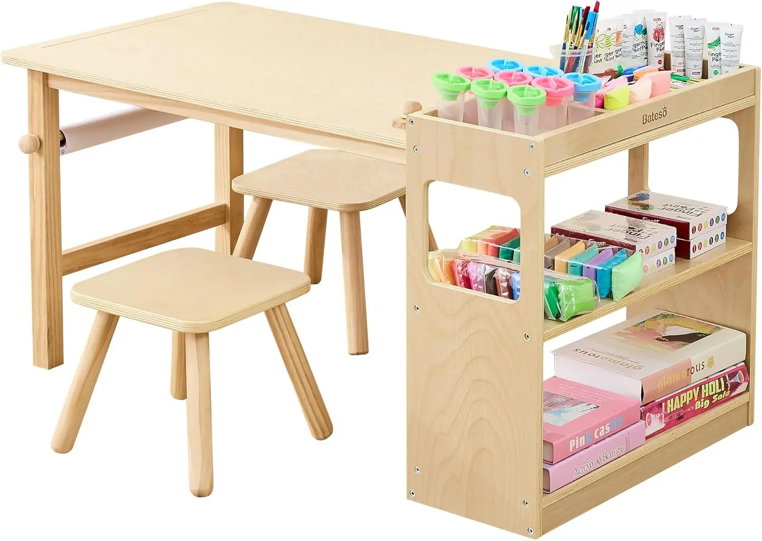 Kids Art Table and 2 Chairs with Roll Paper, Craft Table with Large Storage Shelves, Drawing Desk, Kids Activity Table and Study