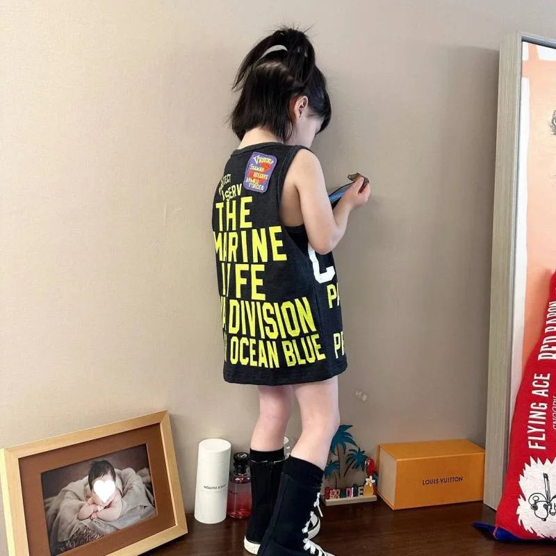

2025 New Children's Summer Western Street Style Letter Printed Pattern Loose Sleeveless Top