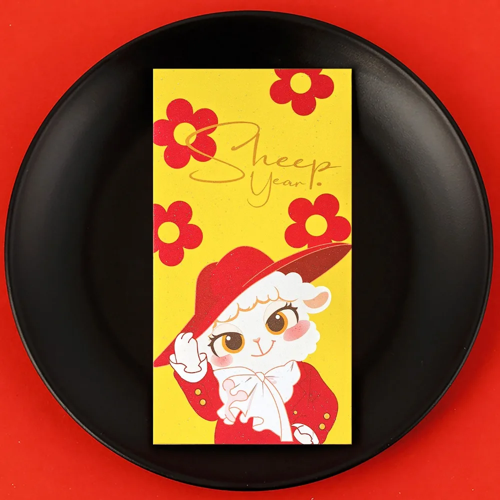 6 Pcs Goat Pattern 2027 Year Red Envelopes Hot Stamping Blessings Printing The Year of The Goat Red Packet Rectangular Thickened