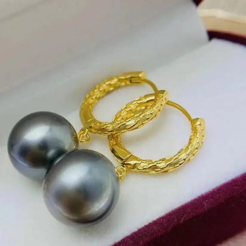 

stunning10-11mm tahitian round black green pearl dangle earring 925s