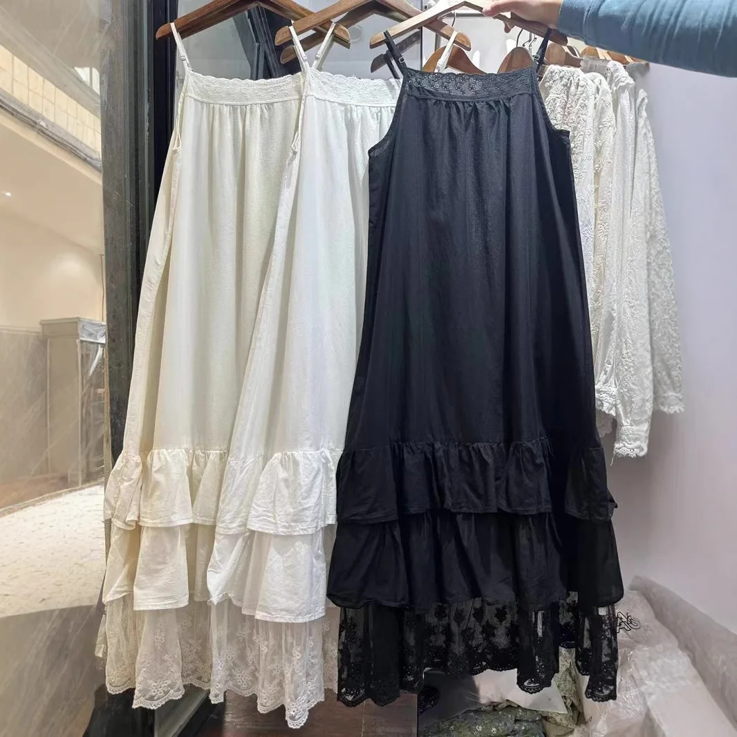 mori girl autumn summer Japan style sweet petticoat dress lolita cute clothes 100% Cotton lace embroidery patchwork slip dress