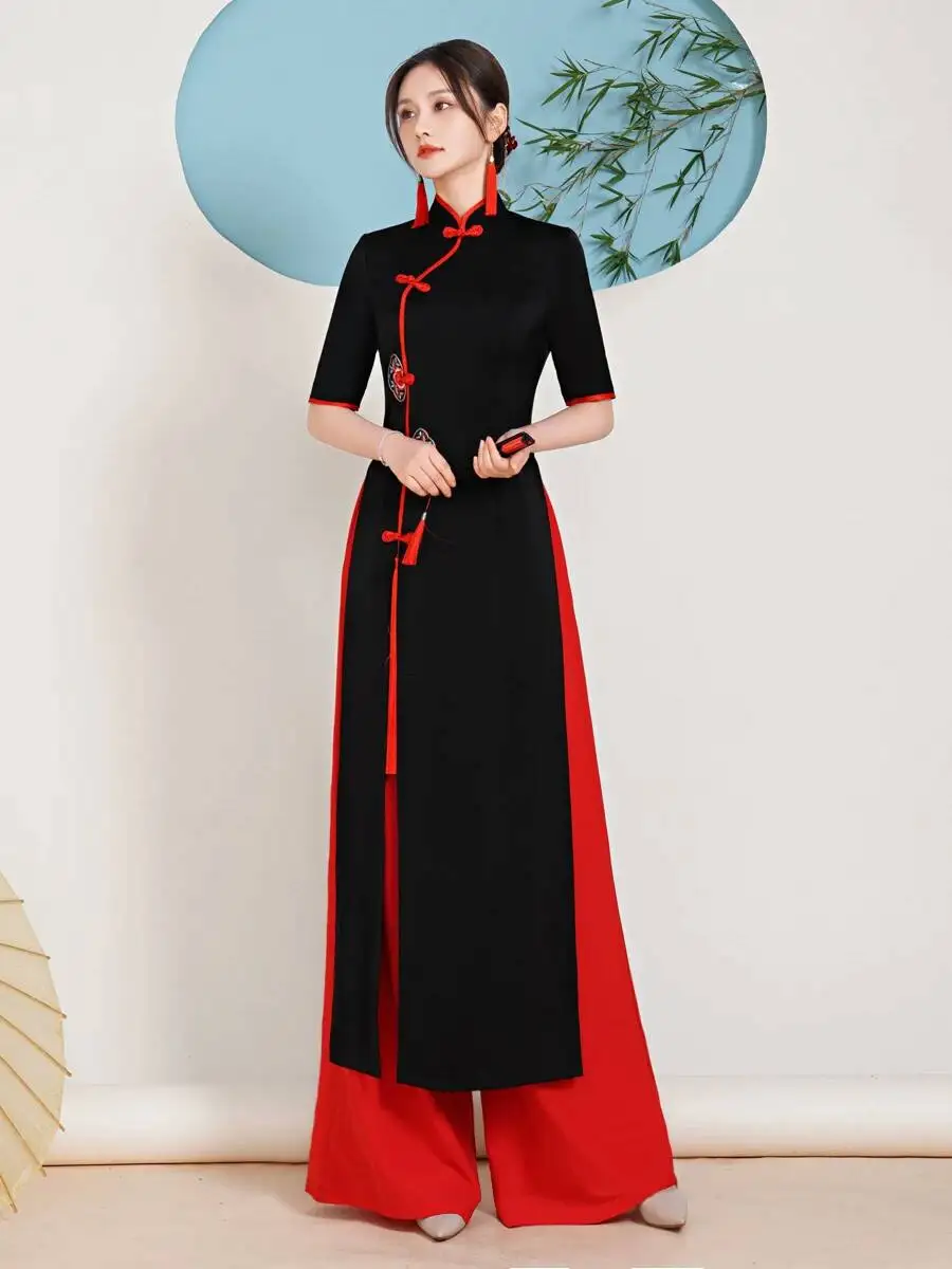 

T-Stage Cheongsam long qipao Show Performance Costume Evening Dress improved Vietnam Audrey Ao Dai qipao cheongsam dress