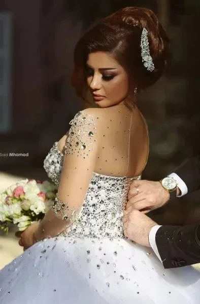 

Customized Said Mhamad Ball Gown 2025 After Reception Sheer Sleeves With Crystals Sweet Party Bridal Wedding Dresses