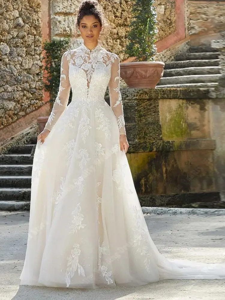 Vestidos De Novia De tul sumisos De manga larga para mujer, Vestido De Novia con estampado Floral, corte en A, Vestido largo sencillo, personalizado, 2024