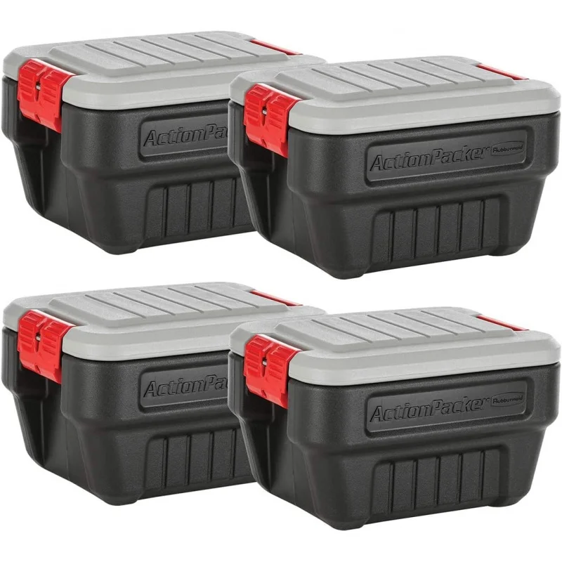 Pack of 4 8 Gal Lockable Storage Boxes (Total 32 Gal), Outdoor Industrial Heavy Duty Rugged Organizer Bins