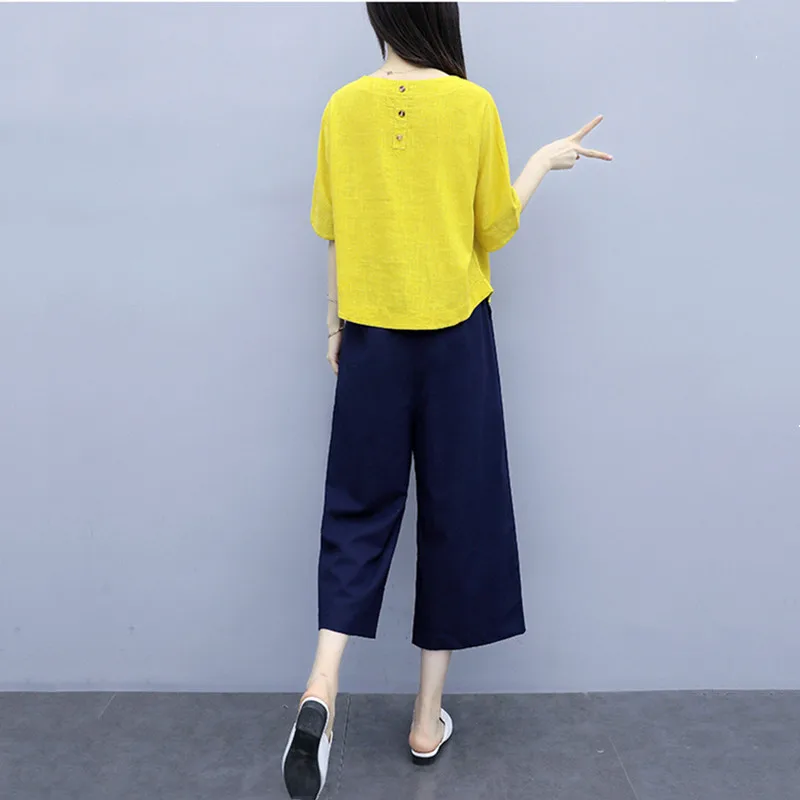 Ensemble 2 pièces en coton et lin pour femme, haut uni et pantalon large, tenue décontractée, nouvelle collection été 2024