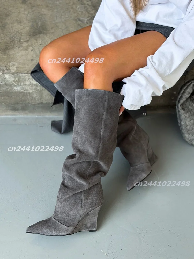 Women Pointed Toe Wedge Heel Knee High Boots Slouchy Ruched Shaft Suede Matte Upper Slip on Ladies Tall Knee high Footwear
