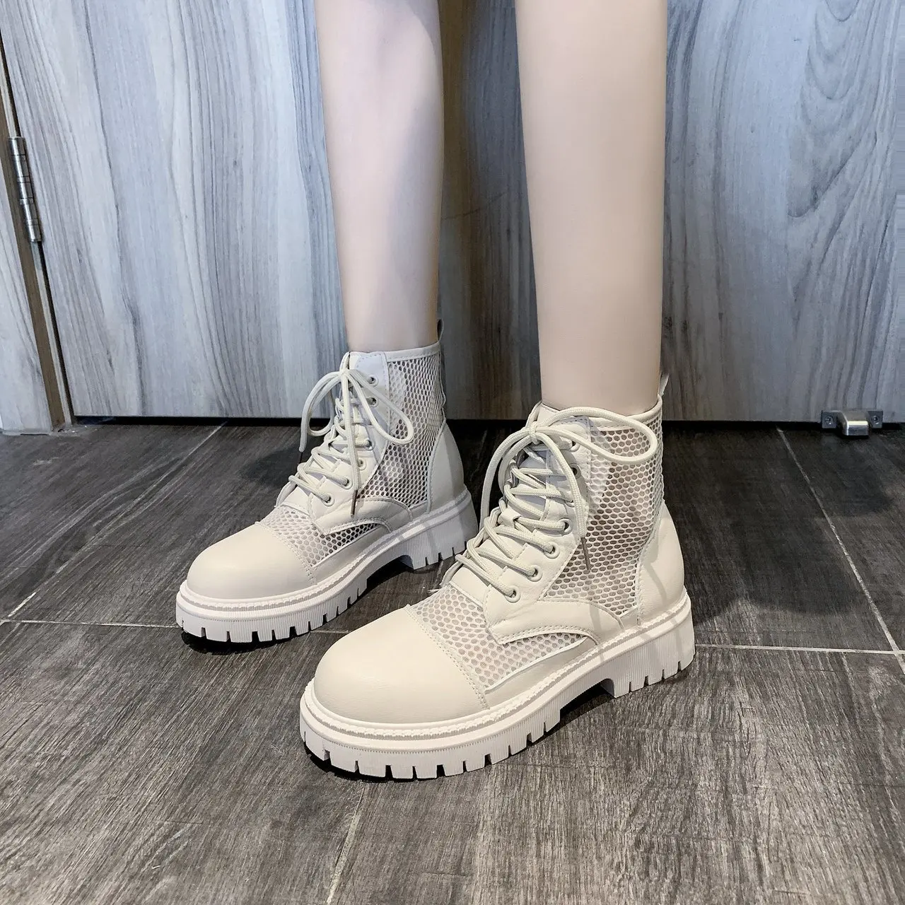 

Breathable Mesh Hollow Sandals Plus Summer Platform Boots Thick Sole Women Low-heeled Mid-calf