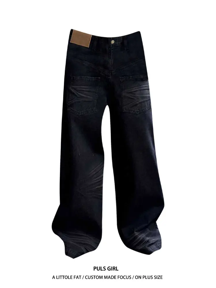 

Large Size American Retro Washed Pocket Design Jeans Women's Loose Wide Leg Floor-Length Pants High Waist Street Style Casual