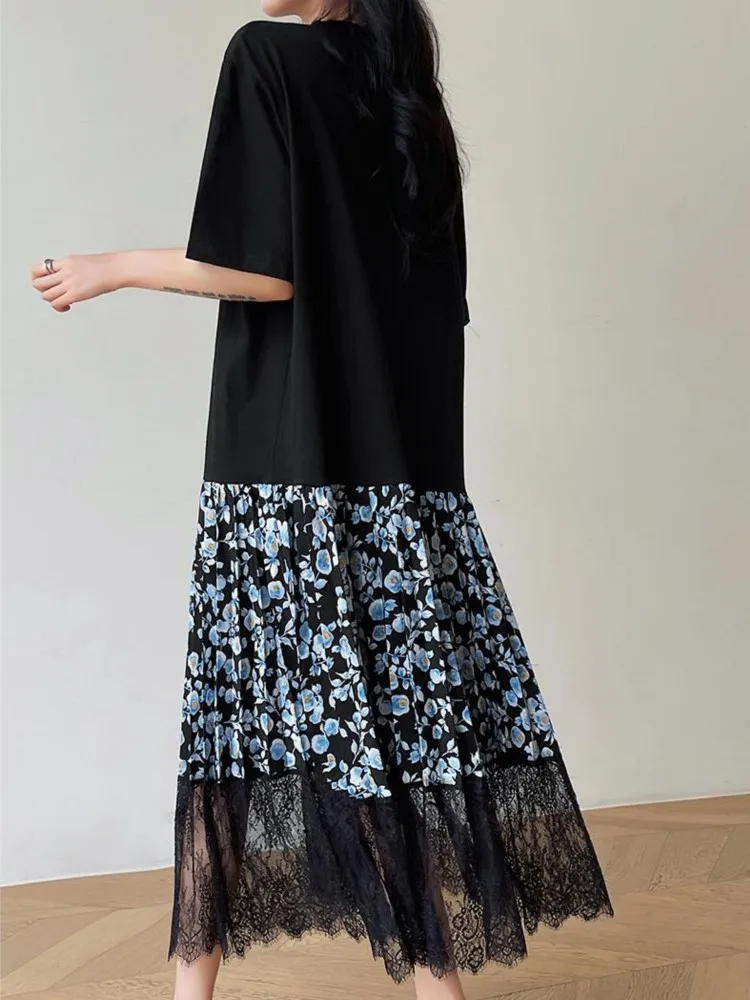 Plus Size Summer New Korea Woman Dress Vestidos Robe Elbise Loose Patchwork Pressed Lace Hem Short Sleeve Long Ladies Dresses