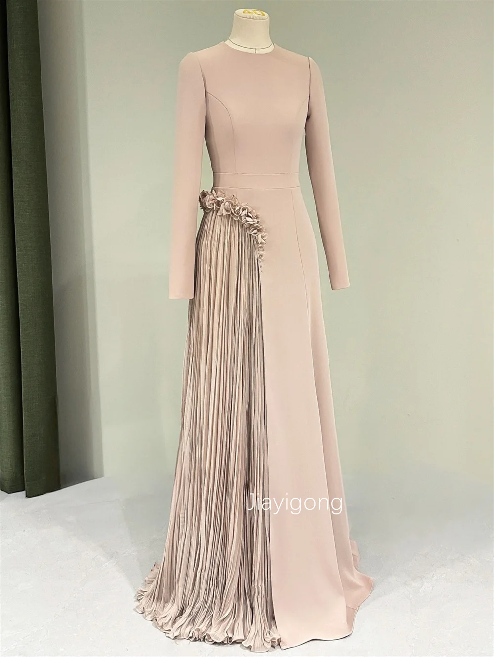Customized Matching Jersey Pleat Flower A-line O-Neck Long Bespoke Occasion Evening Dresses Sexy Chinese Style