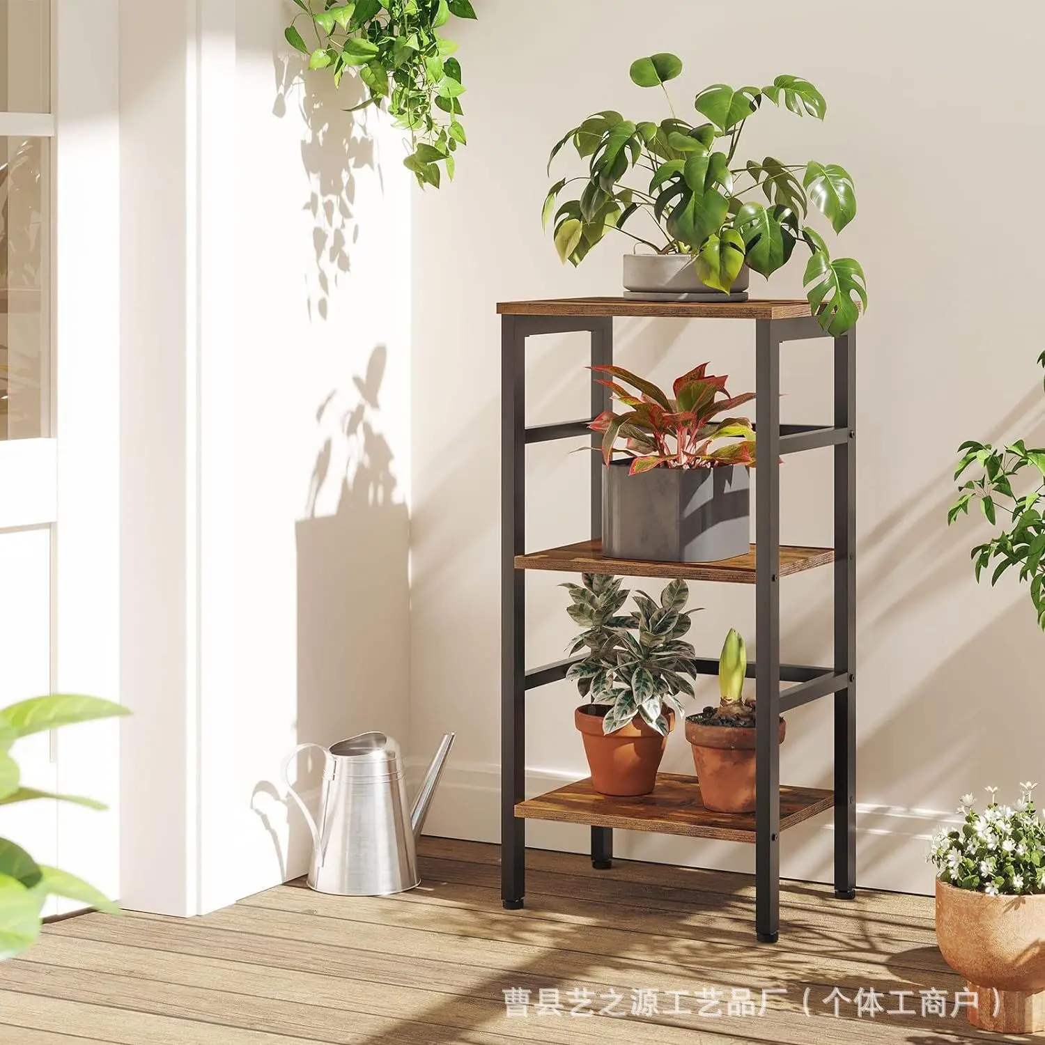 

Multi-layer iron and wood combined floor storage rack, living room, potted plant study, book finishing rack, wrought iron simple