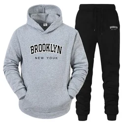 Mens Tracksuit Brooklyn Print Hooded Sweatshirts Set Sports Jogging Street Harajuku Clothing Daily Casual Trend Versatile Suit