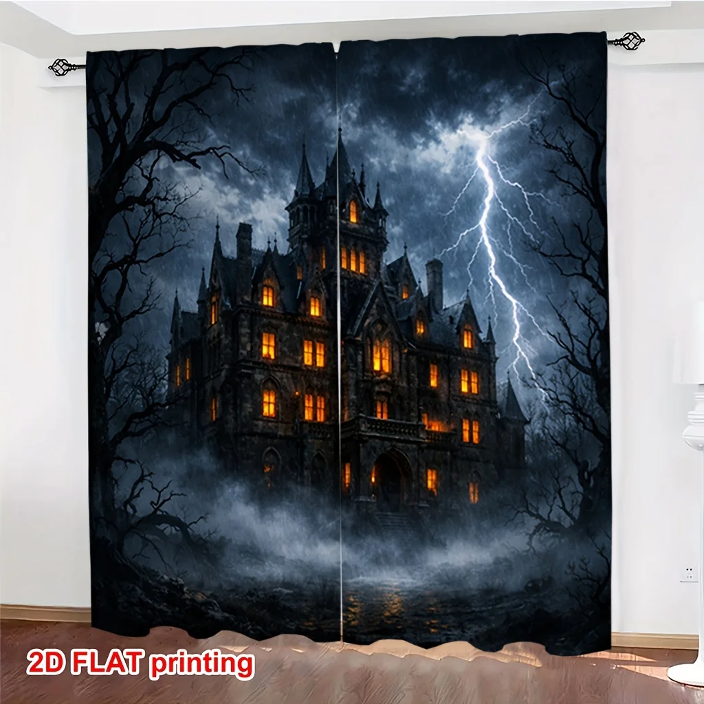 Spooky Haunted Castle Lightning Curtains 2 Panels, Fog Bare Dead Tree Dark Stormy Night Gothic Halloween Teen Bedroom Curtain
