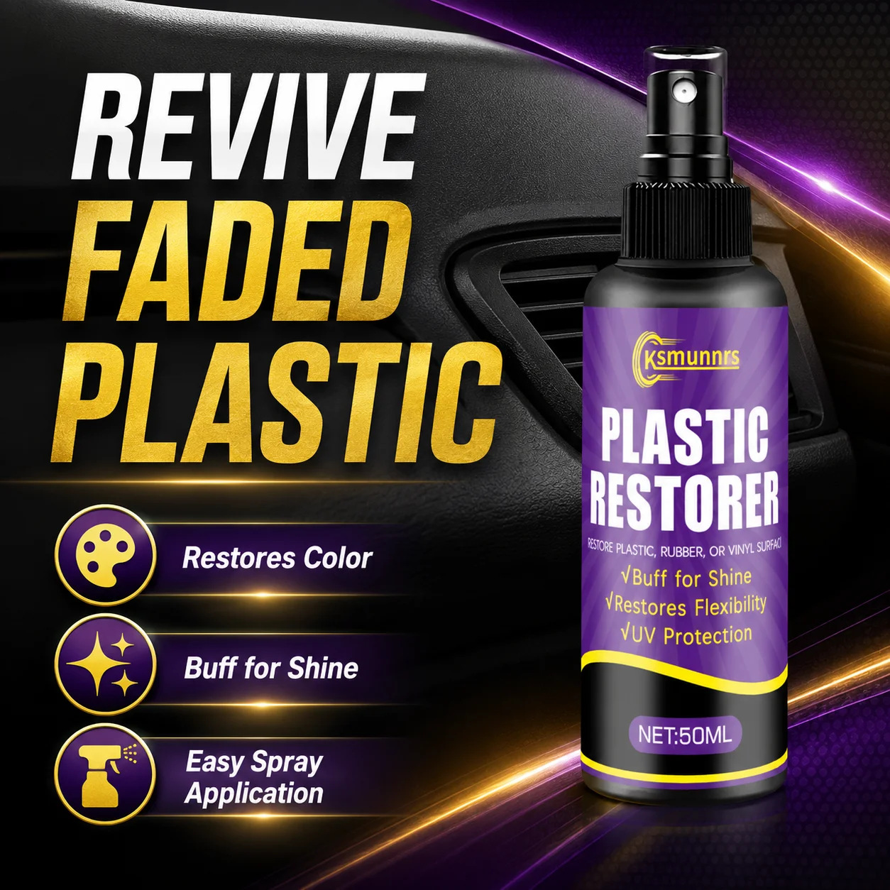 50ml Car Plastic Restorer Coating Spray, UV Protection, Restore Flexibility & Shine for Auto Plastic Rubber Vinyl