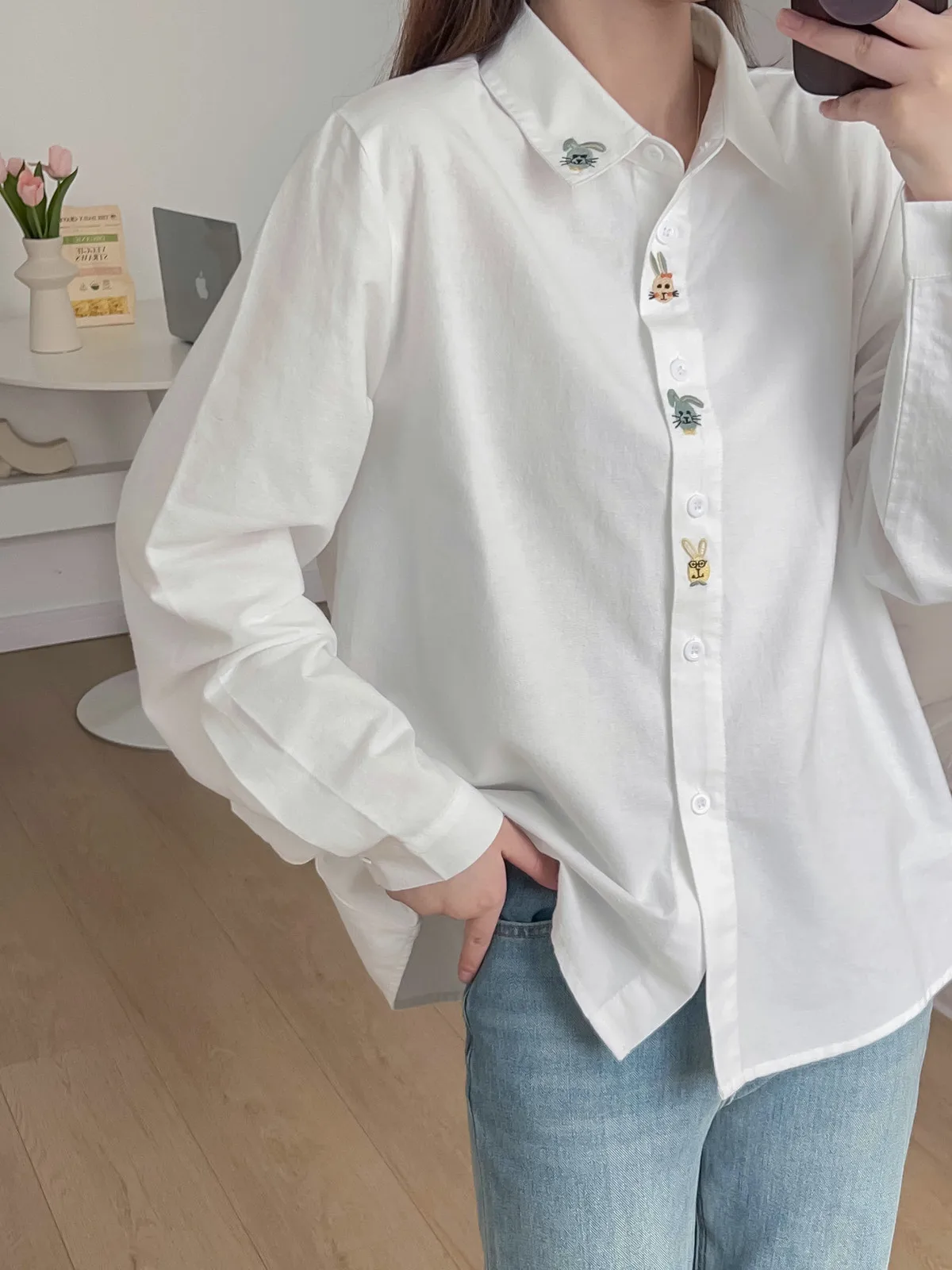 Camisa bordada de algodón para mujer, blusa holgada de manga larga con solapa, estilo Retro, para primavera y otoño, T44513QC, 2024