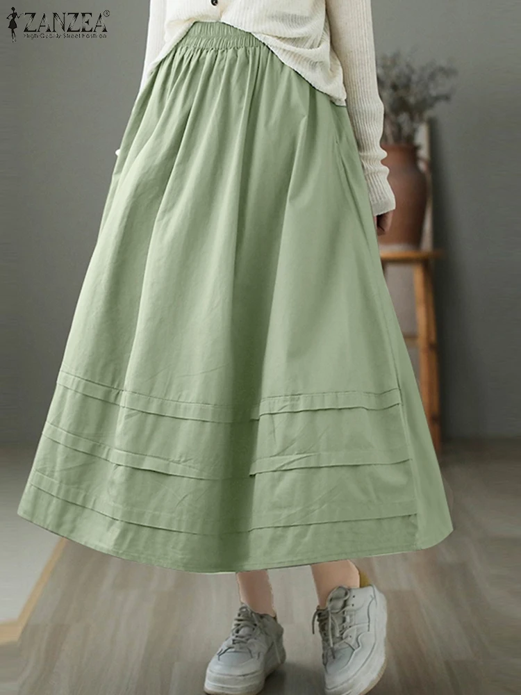 Zanzea feminino casual a linha cintura elástica saia vintage sólido faldas saia elegante trabalho vestido de verão moda férias vestidos 2024